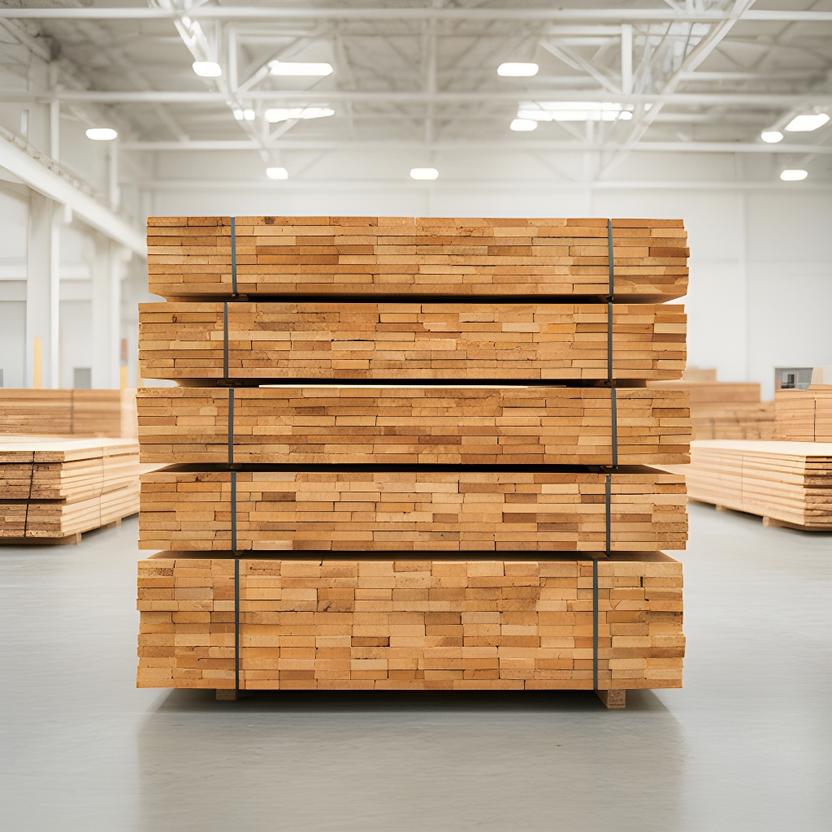 Sortierter Holzstapel in einer hellen Produktionshalle mit präzise gestapelten Brettern