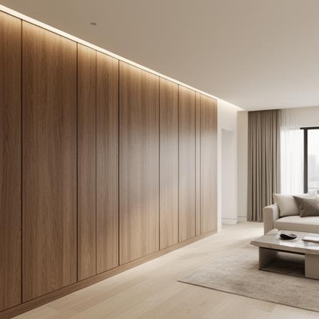 Innenausbau mit sichtbaren Holzpaneelen in einem modern ausgebauten Raum