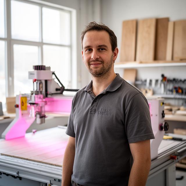 Fachperson in einer hellen Holzwerkstatt an der CNC-Maschine mit präzisem Zuschnitt