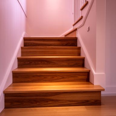 Massgefertigte Treppenstufen aus Eiche in einem modernen Treppenhaus mit warmem Licht