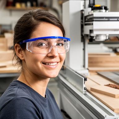 Lara Meier mit Massband und Schutzbrille neben einer Hobelmaschine in der Werkstatt